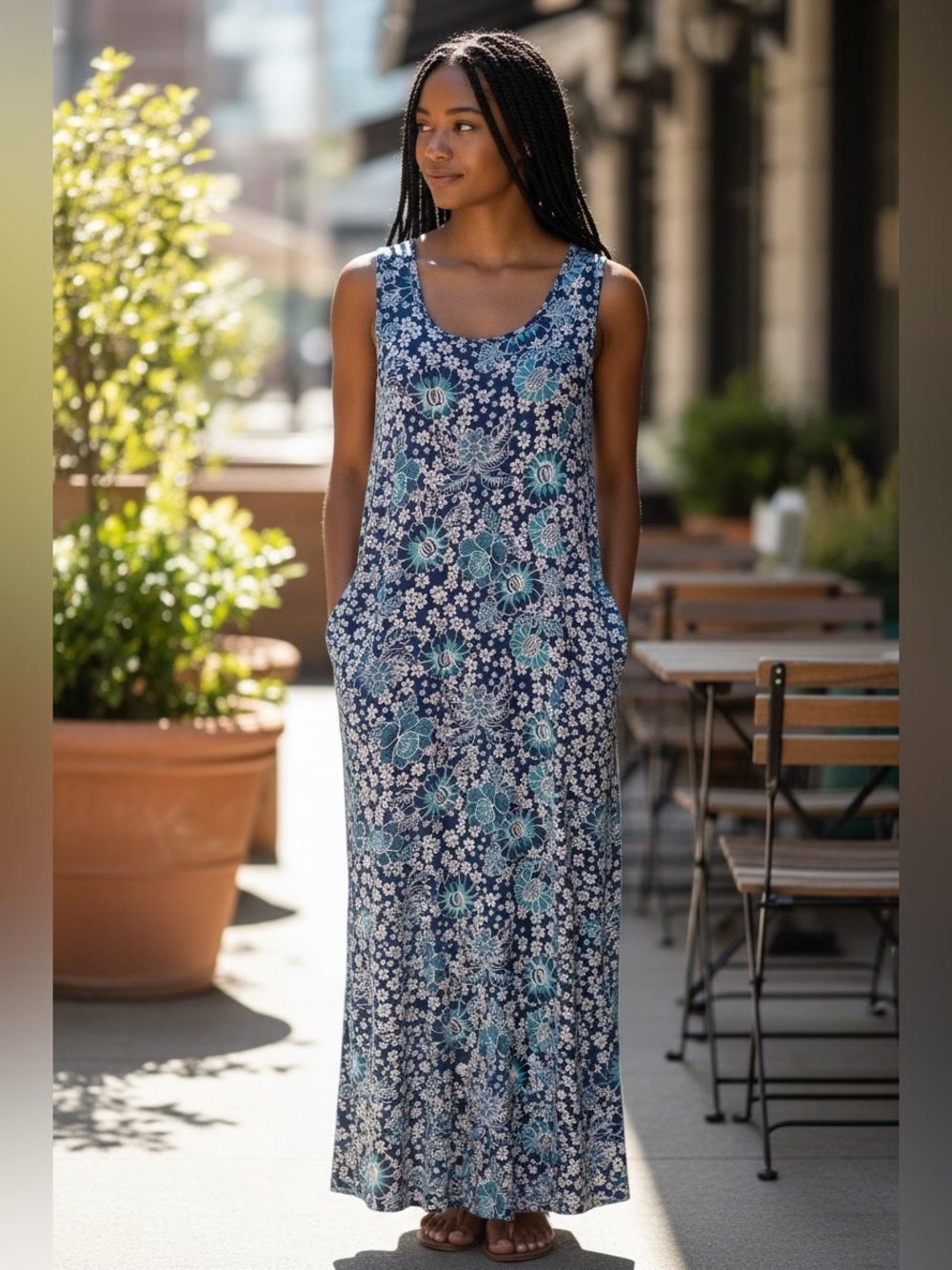J Jill Sleeveless Blue Floral Maxi Dress with Pockets Size Small